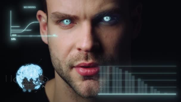 Man face world holograms displaying company financial benefit statistics closeup — Video
