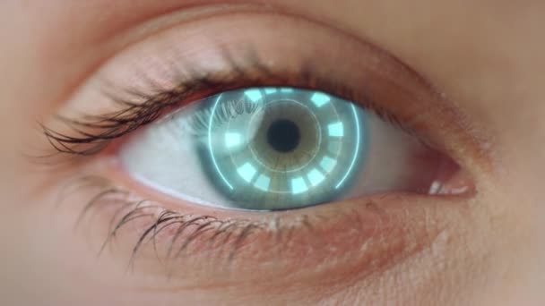 Close up eye access system analysing biometrics granting connection concept — Video Stock