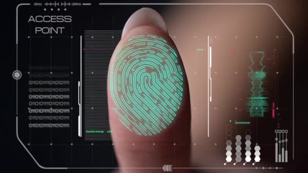 Closeup fingerprint futuristic scanner launching system successful verification — Wideo stockowe