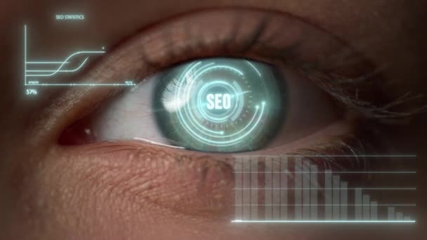 Close up futuristic ceo eye analysing process checking financial benefits — Video