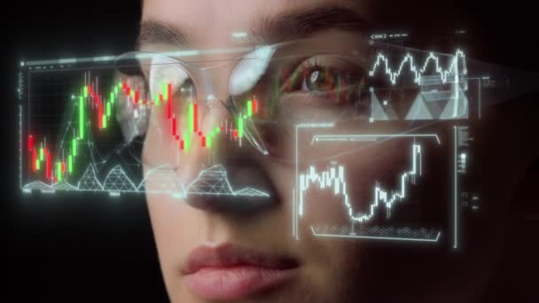 Digital goggles holographic graph projection showing financial benefits closeup — Video
