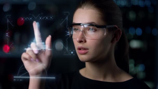High-tech glasses woman architect inspecting building project hologram thinking — Stockvideo