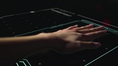 Security biometrical scanner denying hacker access verifying person hand closeup