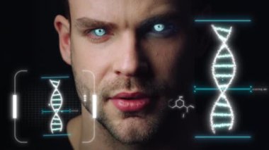 Portrait man dna holograms vision analysing genes collecting biological data 