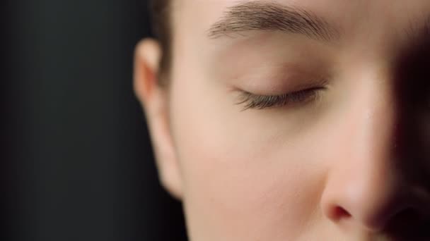 Closeup biometrical vision scanning system inspecting woman eye identifying — Stok video