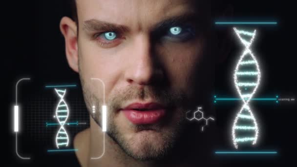 Portrait man dna holograms vision analysing genes collecting biological data — 图库视频影像