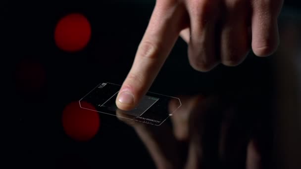 Closeup digital finger biometric sensor verifying user granting access to system — Stok video