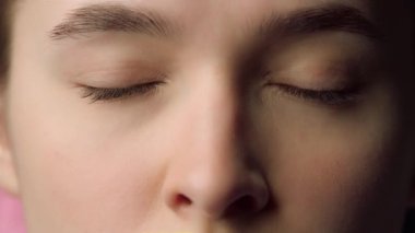 Closeup face social network hologram feed scrolling process looking new app post