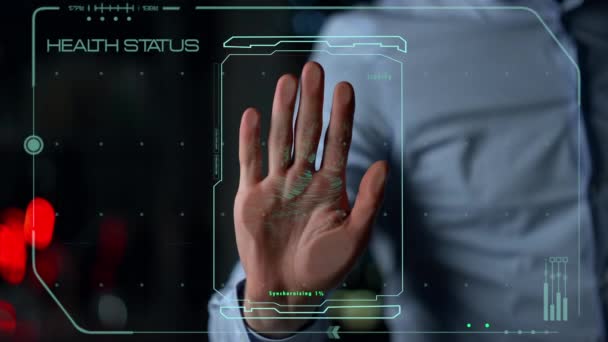 Futuristic health hand scanner identify user checking status show info closeup — Vídeo de Stock