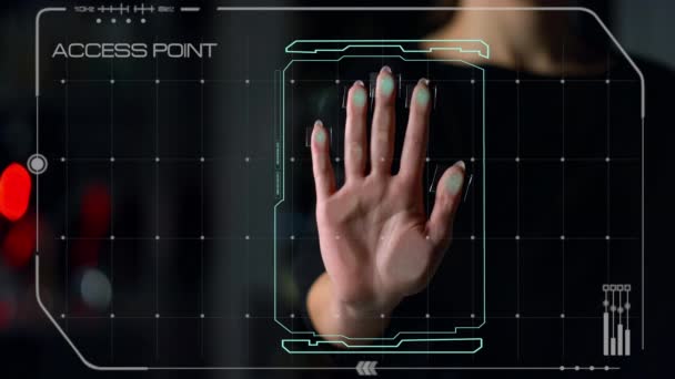 Pemeriksaan scanner tangan biometrik pengguna mengabulkan aplikasi sukses akses closeup — Stok Video