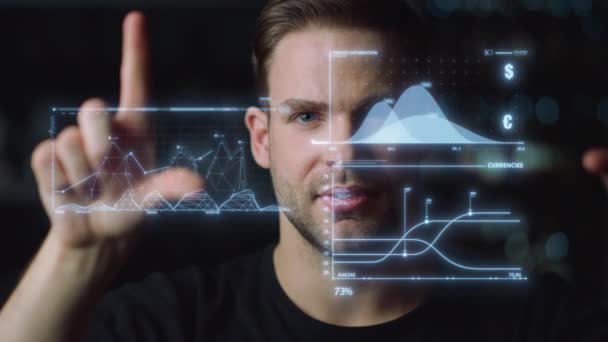 Futuristic ceo work process man analysing holographic graphs benefit closeup — 图库视频影像
