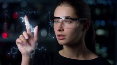 Digital glasses woman biochemist inspecting DNA hologram looking for deviations