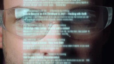 Technological glasses holographic text projection man searching email close up