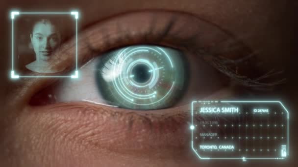 Closeup eye biometrics recognition system checking user analyzing personality — Stock video