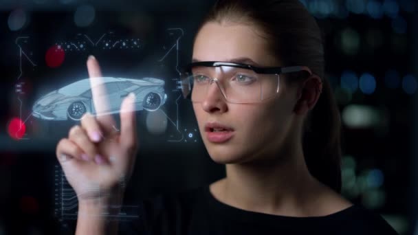 Engineer designing car hologram in high technological glasses thinking closeup — Αρχείο Βίντεο