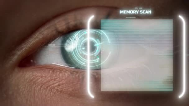 Closeup technological eye memory analysis process with biometrical retina scan — 图库视频影像