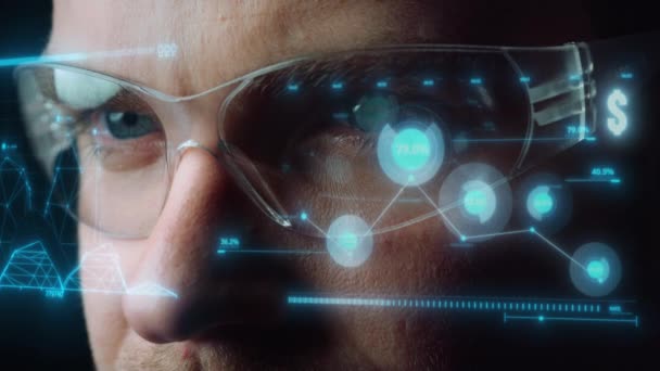 Futuristic glasses financial diagram displaying process ceo calculating benefits — Videoclip de stoc