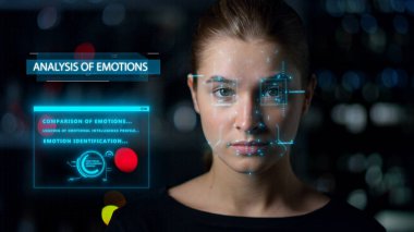 Futuristic biometrical emotions analysis. Closeup woman face biometrics research