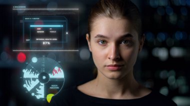 Face medical scanner holograms displaying analyse personal health process 
