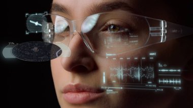 Smart route map eyeglasses locating person display information in city closeup