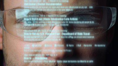 Technological glasses holographic text projection man searching email close up