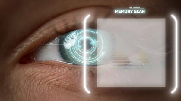 Closeup technological eye memory analysis process with biometrical retina scan — Stok fotoğraf