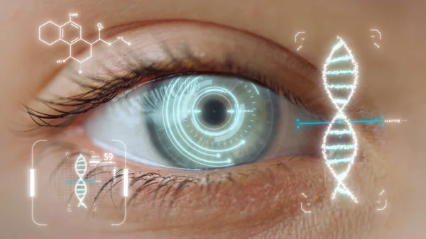 Closeup eye DNA hologram checking process device collecting biometrical data — Stock Photo, Image