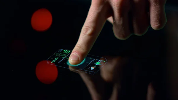 Closeup fingerprint health scanner display information analyse biometrical data — Zdjęcie stockowe