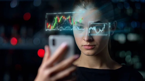 Woman phone diagram holograms display process collecting financial data closeup — Foto de Stock