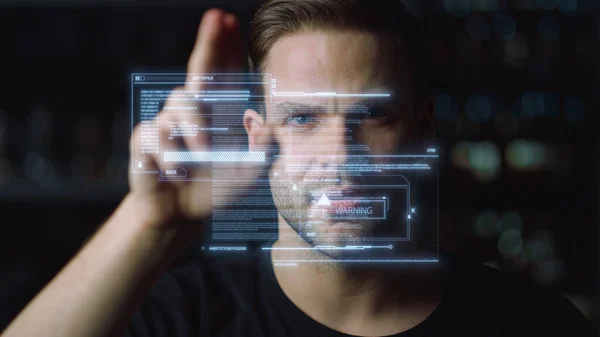Man reading text hologram looking for futuristic touchscreen information closeup — Foto de Stock