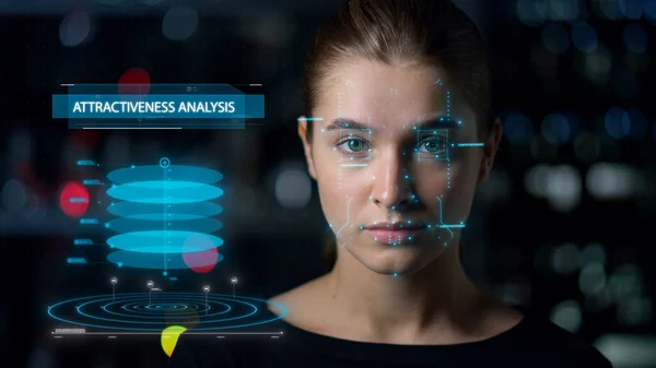 Close up attractiveness analysis face scan process researching woman biometrics — Foto de Stock