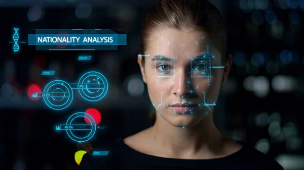 Technological face scan system analysing biometrical data check close up — Foto de Stock