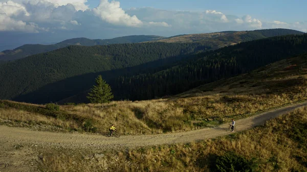 Drone rocky road biking man enjoying time against green woods pikes background — Stock fotografie