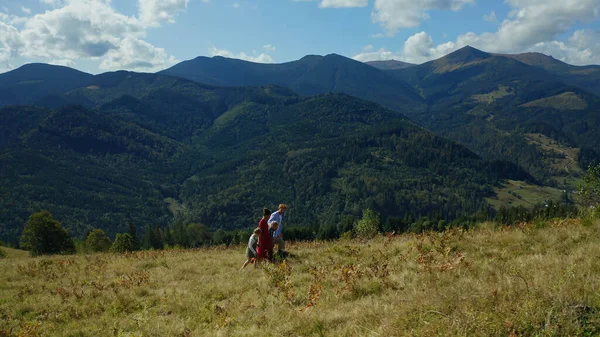 Family walking grass having fun together in summer mountains aerial view. — Stock fotografie