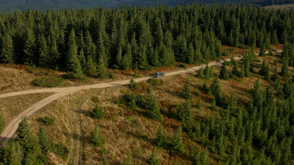 Car in green forest view going destination big mountains national park panorama — Φωτογραφία Αρχείου