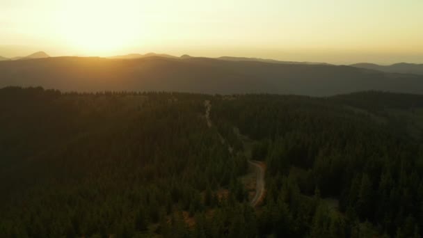 Drone puesta de sol en la vista del bosque de montaña contra el sol naranja brillante en el cielo dorado — Vídeos de Stock