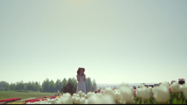 Young lady taking off sunhat in flower field. Girl taking photo in flower field. — Vídeo de Stock