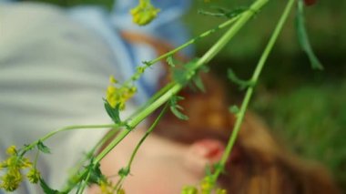 Portrait of unrecognizable woman with wild flower enjoying sun with closed eyes.
