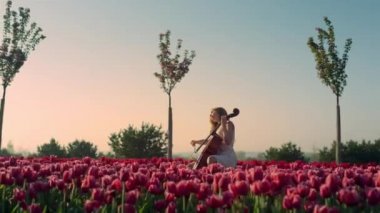 Young woman playing cello with inspiration in blooming tulip field
