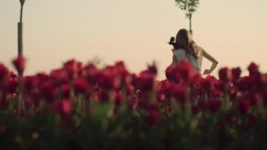 Back view of female musician in tulip field. Unknown girl playing cello in park.