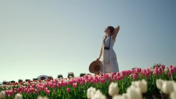 Камера движется девушка, живущая в тюльпановом поле. Женщина наслаждается летним днем. — стоковое видео