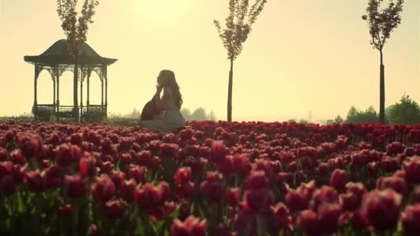 Neznámá žena hraje na violoncello v kvetoucí zahradě na jaře. Dívka představení — Stock video