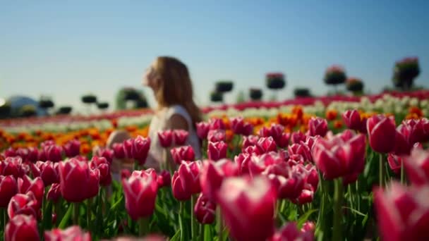 Młoda kobieta uśmiechnięta w jasnym ogrodzie kwiatowym. Profil kobiety w tle kwiat. — Wideo stockowe