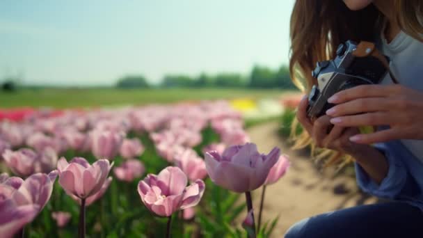 Close-up mooie vrouw het nemen van foto met professionele camera in bloemenveld. — Stockvideo