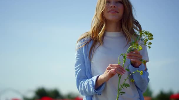 Gelukkig vrouw met lang mooi haar holding wild plant in blauw hemel achtergrond. — Stockvideo