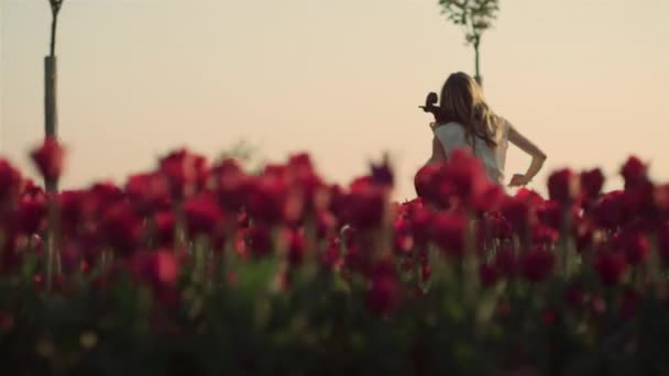 Back view of female musician in tulip field. Unknown girl playing cello in park. — Stock videók