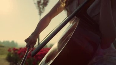 Close up musical bow moving on strings in unknown woman hands in flower garden.