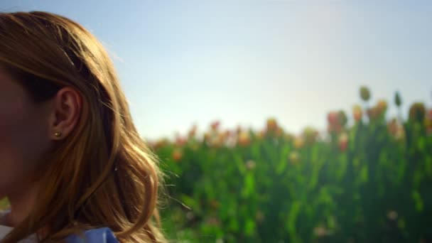 Happy woman enjoying summer sunshine on green grass. Pretty woman closing eyes. — Stockvideo