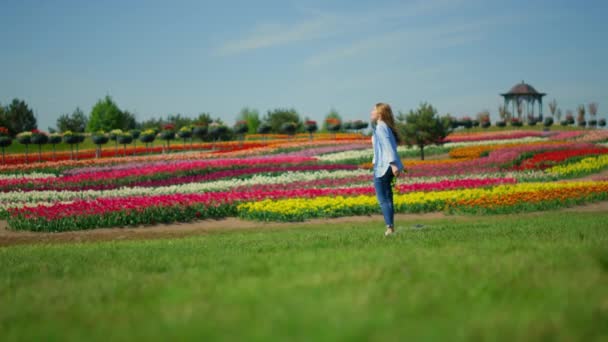 Onbekende vrouw in casual kleding wandelen in prachtige lentetuin overdag. — Stockvideo