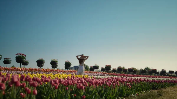 Meisje met tulpenveld zicht. mooie dame gevoel vrij in bloemen. — Stockfoto